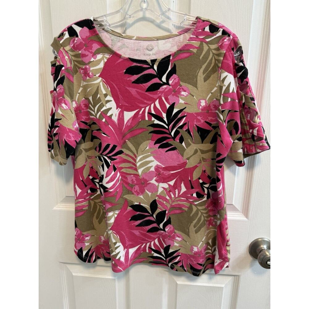 Ruby Rd Large Pink Black Brown Floral Top Cut Out 3/4 Sleeves Preowned - Picture 2 of 10